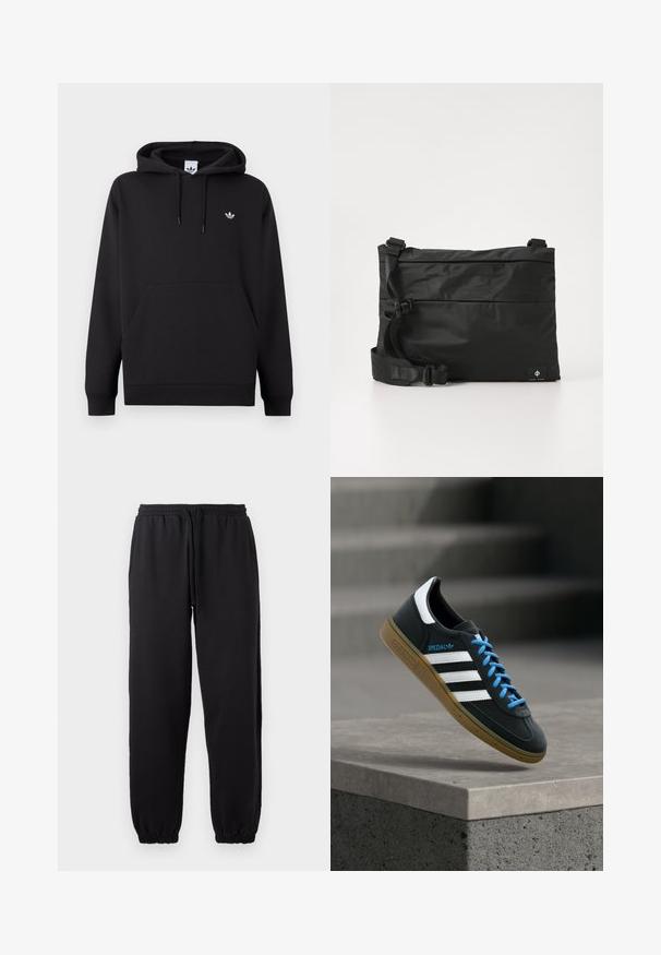 Sudadera negra de Adidas con bolsillo canguro delantero, capucha con cordón, puños acanalados y pequeño logo blanco de trébol en el pecho izquierdo.; Pantalones jogger negros hechos de una tela suave, con cintura elástica y cordón ajustable, y dobladillos en los tobillos.; Zapatilla negra Adidas con franjas blancas, cordones azules y suela de goma flotando sobre un escalón de hormigón gris con luz suave.; Bolso mensajero de nylon negro con correa ajustable, diseño plano y una etiqueta lateral con un logo. Textura suave y estilo minimalista.