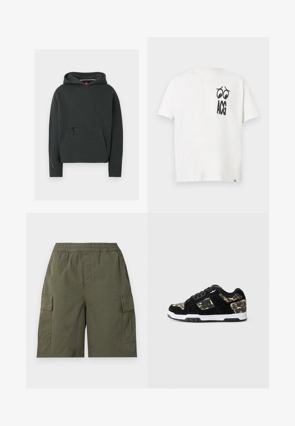 Zwarte Nike hoodie met voorzak met ritssluiting, lange mouwen en capuchon, weergegeven op een effen lichtgrijze achtergrond.; Wit T-shirt met korte mouwen met een zwarte afbeelding van twee ogen boven de dikke letters "ACG" op de linkerborst.; Olijfgroene cargoshorts met elastische tailleband en klepzakken aan beide zijden, gemaakt van lichtgewicht stof.; Zwarte suède sneaker met een camouflagemotief aan de zijkant, witte tussenzool en zwarte rubberen zool. Bevat veters en logo-details aan de zijkant.