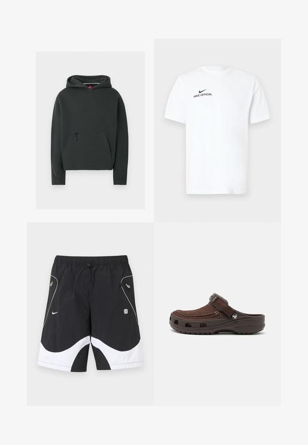 Sweat à capuche noir Nike avec poche zippée à l'avant, manches longues et capuche, présenté sur un fond gris clair uni.; T-shirt en coton blanc à manches courtes. Présente un logo noir "Nike Official" et un swoosh noir sur le côté gauche de la poitrine.; Shorts de sport Nike noir et blanc avec taille élastique, cordon de serrage, poches latérales zippées et garniture réfléchissante sur les panneaux avant.; Sabot en cuir marron avec un dessus à texture douce, sangle ajustable et design perforé pour la ventilation. Semelle épaisse en caoutchouc pour l'adhérence.