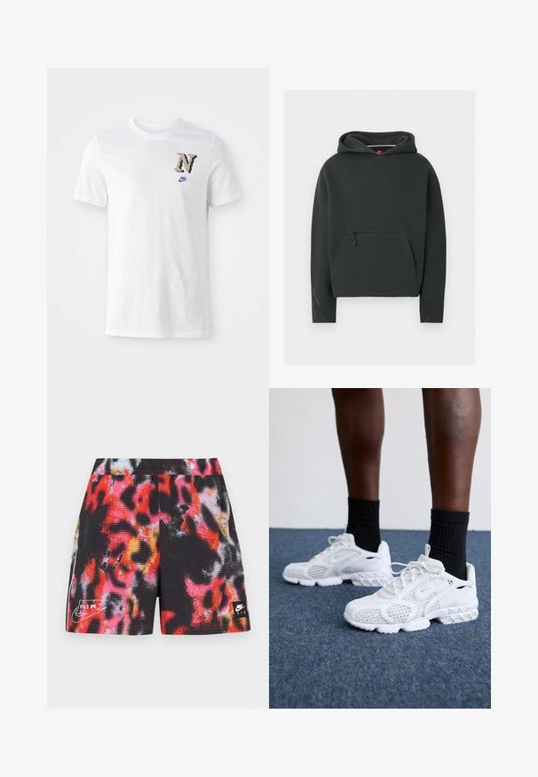 Čierna mikina Nike s kapucňou, predným zipsovým vreckom, dlhými rukávmi a kapucňou, zobrazená na jednoduchom svetlosivom pozadí.; Biela bavlnená tričko s kamuflážovým logom "N" a malým fialovým Nike swooshom na hrudi. Klasický návrh s okrúhlym výstrihom.; Čierne šortky s viacfarebným abstraktným vzorom v červenej, ružovej a modrej farbe, s bielym logom Nike Air a kontrastnými bočnými akcentmi.; Biele športové topánky s priedušnou sieťovinou, textúrovanými akcentmi a polstrovanou podrážkou. Kombinované s čiernymi rebrovanými členkovými ponožkami na modrom kobercovom povrchu.