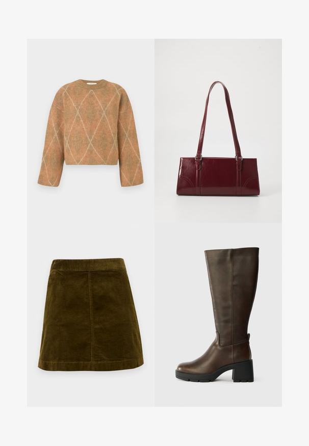 Kort trøje i varm brun farve med et diamantmønster i lysere nuancer, lavet af blødt, tekstureret stof med rund halsudskæring og vide ærmer.; Brun kordfløjl mini skirt med lodrette ribber, lige snit og en ren kant. Har en simpel talje uden udsmykninger.; Brune læder knæhøje støvler med en kraftig sort hæl og struktureret finish. Har en rund tå og diskret sømdetaljering på siden.; Bordeaux håndtaske lavet af glansfuldt materiale, rektangulær form, med to skulderremme og subtile buede detaljer på forsiden.