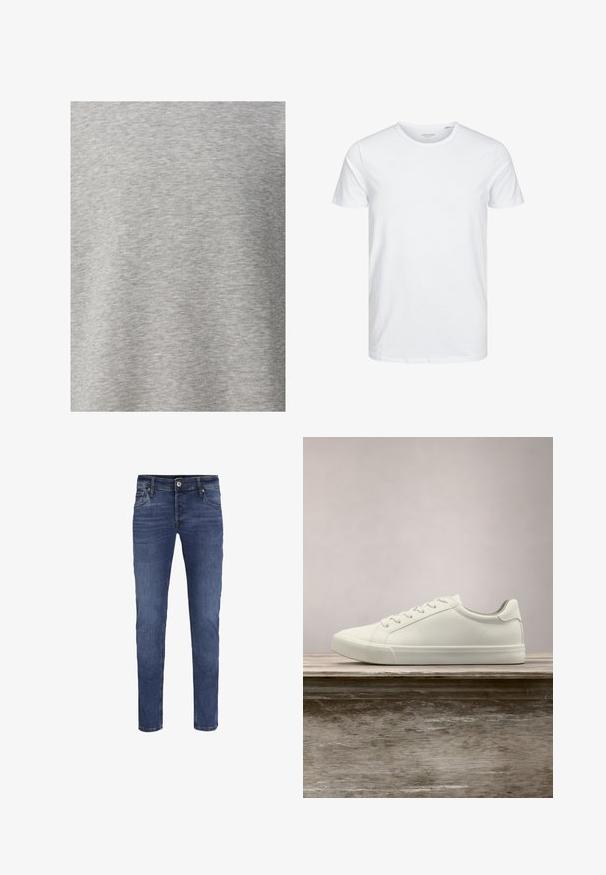 Lysegrå t-shirt lavet af blødt, tekstureret stof med et subtilt heather mønster. Casual design med korte ærmer og rund halsudskæring.; Rundhals kortærmet t-shirt i ensfarvet hvid, lavet af blød bomuld, har et simpelt design uden synlige mønstre eller detaljer.; Slim-fit blå denim jeans til mænd med knap- og lynlåslukning, for- og baglommer samt subtile blege detaljer.; Hvide snørresneakers svævende over en træbænk med grønne planter i baggrunden, der fremhæver skodesign og tekstur.