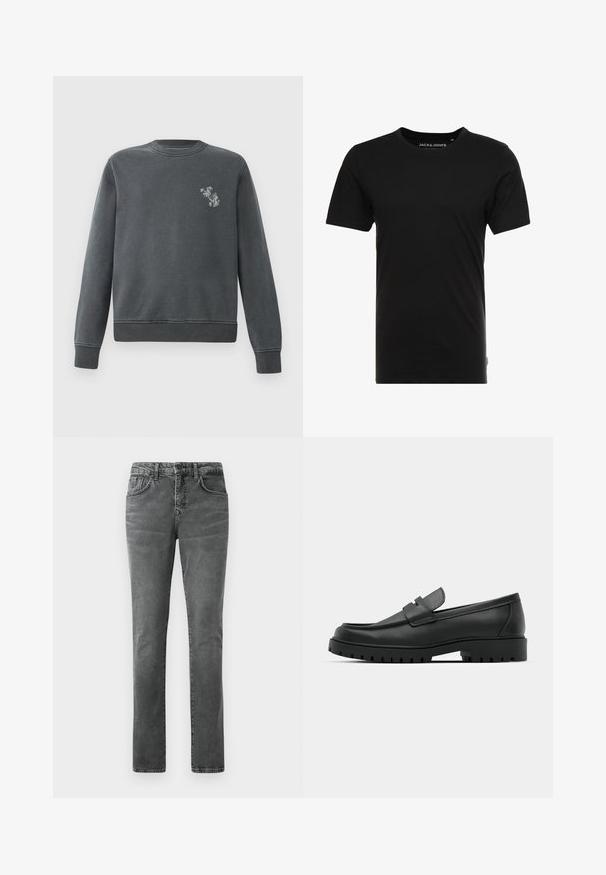 Grauer Sweatshirt aus einer Baumwollmischung. Mit Rundhals, gerippten Bündchen und einem kleinen grafischen Design auf der linken Brust.; Schwarzes T-Shirt mit kurzen Ärmeln aus Baumwolle, mit einem Rundhalsausschnitt und einem dezenten Logo-Tag an der Seite. Einfaches und vielseitiges Design.; Graue Jeans aus Denim mit geradem Bein, Fünf-Taschen-Design, dezenter Ausbleichung und Gürtelschlaufen. Keine sichtbaren Logos oder Verzierungen.; Schwarze Lederloafer mit runder Zehenform, ausgestattet mit einem gesteppten Design, niedrigem Plattformsohle und einer strukturierten, genoppten Gummisohle.