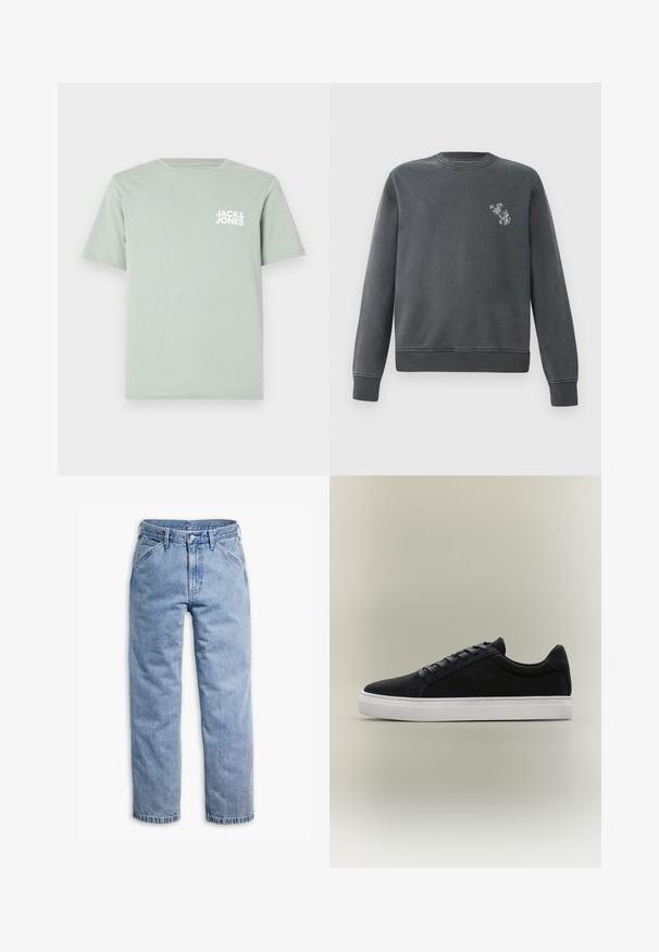 Grå sweatshirt lavet af en bomuldsblanding. Har rund hals, ribbede manchetter og et lille grafisk design på venstre bryst.; Lys grøn t-shirt i bomuld med rund halsudskæring og korte ærmer. Har et hvidt logo "JACK & JONES" trykt på venstre bryst.; Lyseblå straight-leg denimjeans med forreste knap- og lynlås, bæltestropper og skrå forlommer.; Sort lavsko-sneaker med hvid gummisål, snøredesign og polstret krave vist på en neutral grå baggrund.