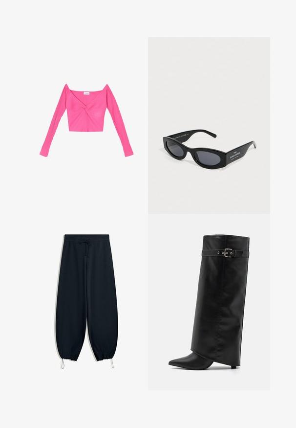 Even&Odd Langærmet T-shirt - pink; Sort sweatpants lavet af blødt stof, med elastisk talje med snørre, tapered ankler og sidelommer.; Even&Odd Højhælede støvler - black; Sorte katteøje Marc Jacobs solbriller med mørke linser og teksten "THE SUNGLASSES" på stellet, vist på hvid baggrund.