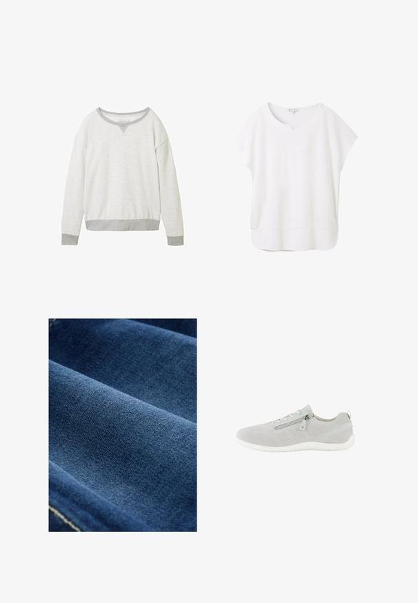 Hellgrauer Pullover mit Rundhalsausschnitt, kontrastierenden grauen Bündchen und einem subtilen V-förmigen Akzent am Kragen. Weiche Textur.; Weiße Bluse mit kurzen Ärmeln aus weichem Stoff. Sie hat einen runden Ausschnitt mit einem kleinen Schlitz und einen leicht geschwungenen Saum für eine entspannte Passform.; Dunkelblauer Denim-Stoff mit glatter Textur, sichtbarem Gewebe und subtiler Dehnung. Verfügt über schwache Nähte entlang der Kanten.; Hellgrauer Mesh-Sneaker mit seitlichem Reißverschluss, Schnürverschluss, weißer Sohle und Zuglasche an der Ferse, gezeigt in der linken Profilansicht.