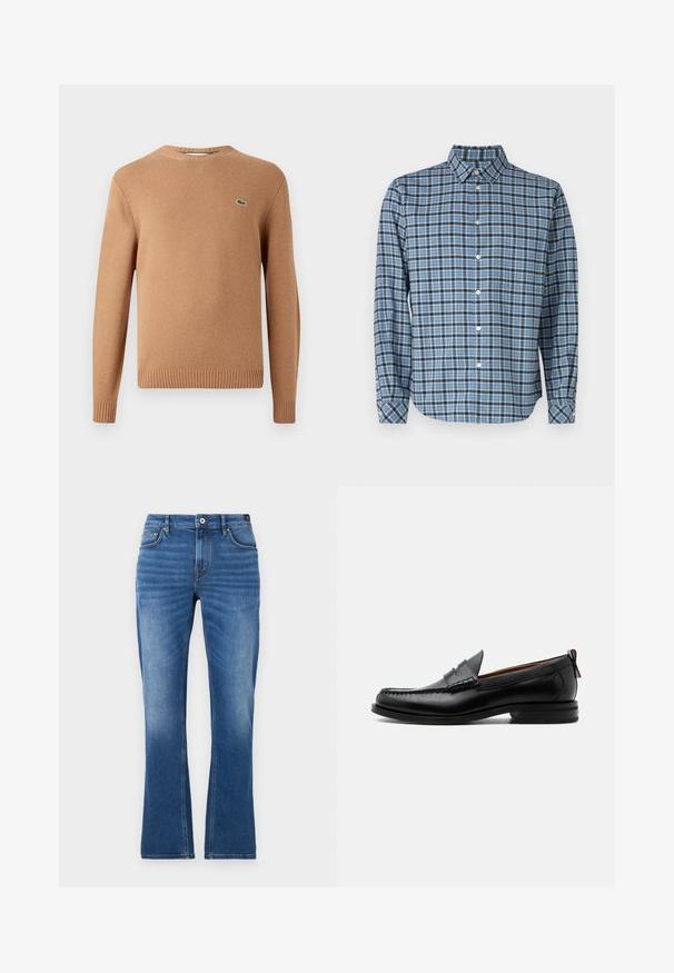 Brun strikket sweater med rund hals. Ribstrikkede manchetter og kant. Har et lille grønt logo på brystet. Blød tekstur.; Skjorte med knapper i vævet bomuld, blå og sort ternet mønster, lange ærmer, krave, hvide knapper og justerbare cuffs.; Mellemblå denim flared jeans. Har fem lommer, syede detaljer, knaplukning og en let falmet tekstur på benene.; Sort læder herre loafer med moc-tå syning, penny strop, struktureret krave og lav stablet hæl på hvid baggrund.