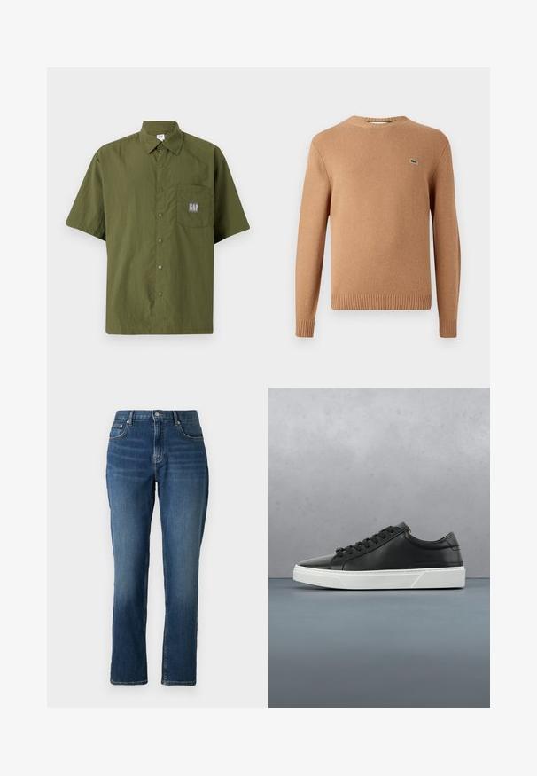 Brun strikket sweater med rund hals. Ribstrikkede manchetter og kant. Har et lille grønt logo på brystet. Blød tekstur.; Kortærmet skjorte i olivengrøn stof med knap-ned krave, prydet med en brystlomme med et gråt GAP-logo patch.; Mørkeblå denimjeans med lige ben, fem lomme-designet, knap- og lynlåslukning og subtile falmninger nær lårene.; Sorte lædersneakers med rund tå, tekstureret overflade, hvid gummisål og sorte snørebånd. Minimalistisk design med en slank profil.