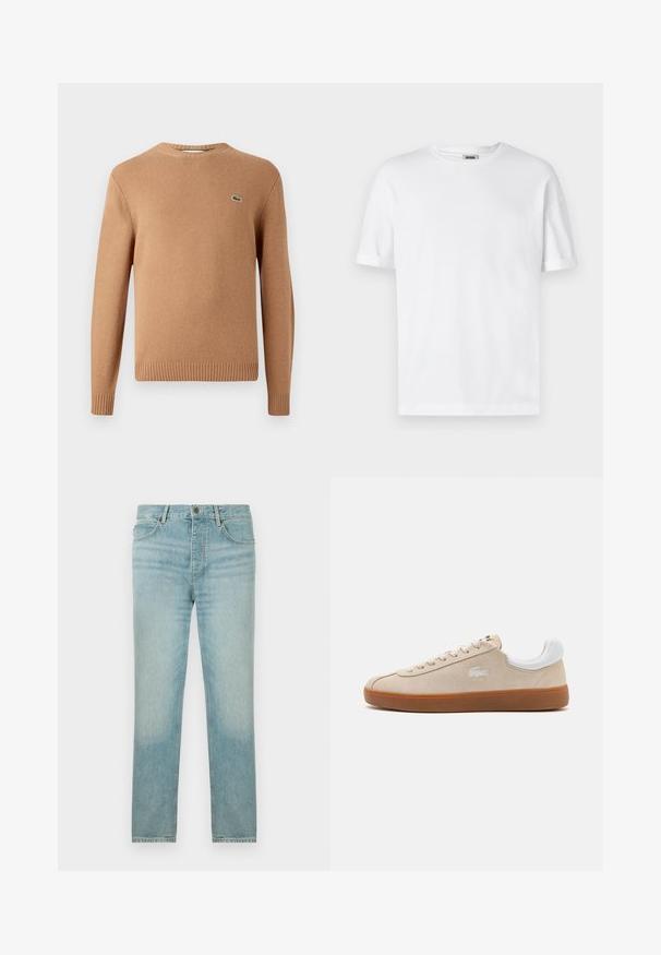 Pull en tricot marron avec un col rond. Poignets et ourlet côtelés. Présente un petit logo vert sur la poitrine. Texture douce.; T-shirt en coton blanc avec un col rond, des manches courtes et des revers roulés ; design sobre, texture douce et coupe droite.; Jean en denim bleu clair avec une coupe droite, présentant un délavage, un design à cinq poches et une fermeture à bouton sur le devant.; Baskets en daim beige avec des accents en cuir blanc, fermeture à lacets plate, semelle en caoutchouc et logo brodé. La vue latérale met en valeur un design aérodynamique.