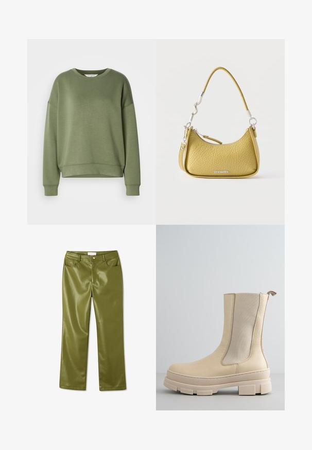 Olivengrøn sweatshirt lavet af blødt stof. Har en rund halsudskæring, sænkede skuldrer og en cropped kant med ribbede manchetter.; Olivengrønne, høj-tiltalende faux læder bukser med en glat overflade, fire lommer og en knaplukning foran. Lige ben design.; Beige læderstøvle til midt på læggen med chunky tekstureret sål og elastisk sidepanel.; Lille tekstureret gul taske med buet øverste lynlås, kort bølget hank, aftagelig rem og sølvfarvet Steve Madden-logo.