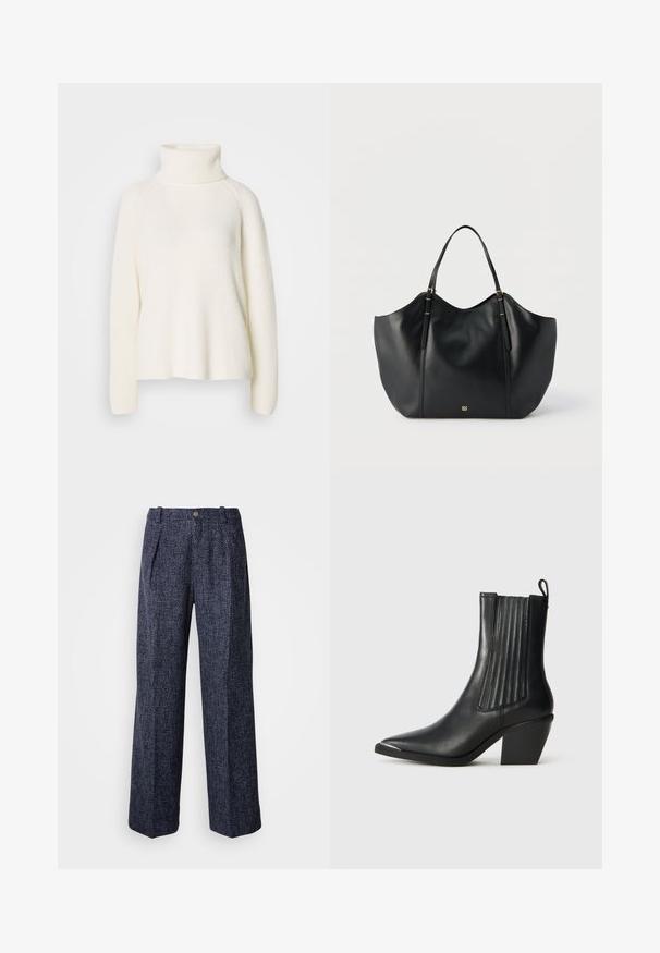 Hvid strikket turtleneck sweater med ribbet tekstur, raglanærmer og afslappet pasform. Har en høj krave og blødt stof.; Bukser i marineblå med en struktureret vævning, høj talje, bred benåbning og frontfældninger. Har en enkelt knap- og lynlås-lukning.; Sort læder ankelstøvle med spids tå, ribbede sidepaneler og en kraftig hæl, placeret på en struktureret fliseoverflade.; Sort lædertaske med to skulderremme og et lille guldlogo i bunden midt på, vist mod en ensfarvet baggrund.