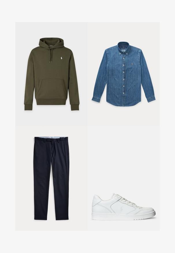 Sudadera con capucha de color verde oscuro con bolsillo frontal y pequeño logo blanco de Polo Ralph Lauren en el pecho izquierdo.; Camisa vaquera azul de manga larga con botones, cuello y pequeño logo bordado en el pecho izquierdo.; Pantalones de vestir azul marino para hombre con trabillas para cinturón, bragueta con cremallera y bolsillos laterales, extendidos planos sobre un fondo blanco.; Zapatilla de cuero blanca con textura suave, que presenta una puntera perforada, cierre de cordones y logo bordado en el lateral. Suela de goma blanca.