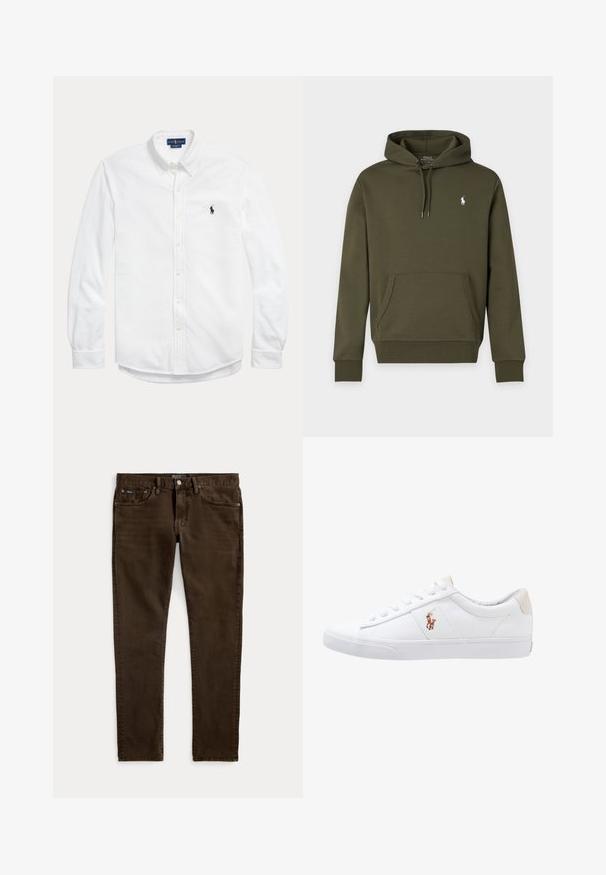 Donkergroene hoodie met voorzak en klein wit Polo Ralph Lauren-logo op de linkerborst.; Wit overhemd met lange mouwen, knopen, button-down kraag en klein donker Polo Ralph Lauren-logo op de linkerborst.; Slim-fit donkerbruine jeans met vijf zakken, knoop- en ritssluiting, en zichtbare Polo-merkenlabels op de tailleband en voorzak.; Witte canvas sneakers met een laag ontwerp, featuring een beige hieltab en een klein geborduurd logo aan de zijkant. Rubber zool.