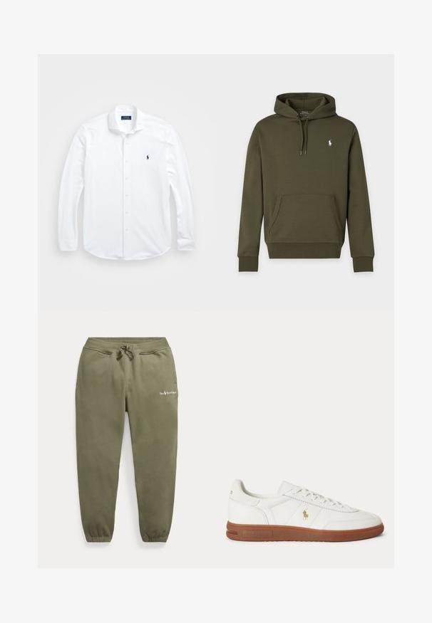 Sudadera con capucha de color verde oscuro con bolsillo frontal y pequeño logo blanco de Polo Ralph Lauren en el pecho izquierdo.; Camisa blanca de manga larga y botones, hecha de algodón. Presenta un cuello clásico, corte regular y un pequeño logo azul marino en el pecho.; Pantalones de chándal verde oliva con cintura y puños elásticos, cordón ajustable, bolsillos laterales y pequeño logo de Polo Ralph Lauren en el muslo izquierdo.; Zapatilla blanca de caña baja con suela marrón, cordones en la parte delantera y pequeño logo dorado de Polo Ralph Lauren en el lateral.