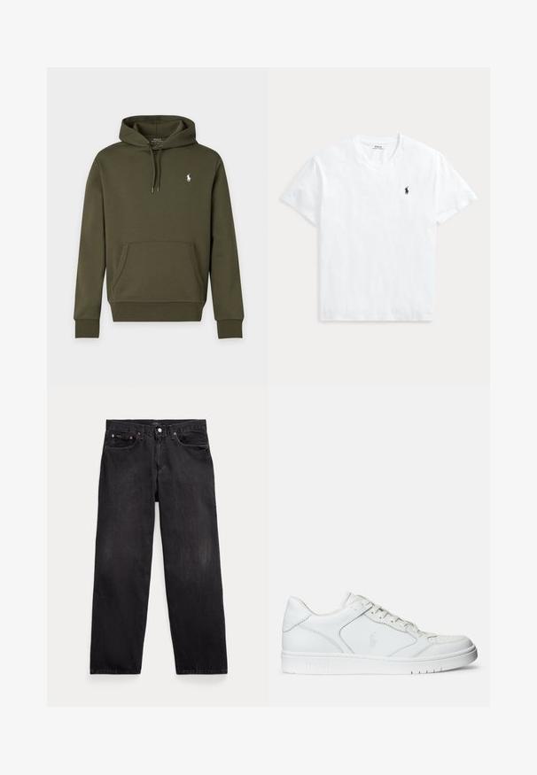 Tmavozelená mikina s kapucňou, predným vreckom a malým bielym logom Polo Ralph Lauren na ľavej strane hrude.; Biele tričko s krátkym rukávom a výstrihom do V s malým tmavomodrým logom koňa Polo Ralph Lauren na ľavej strane hrudníka.; Čierne rifle s rovnými nohavicami, piatimi vreckami, zapínaním na gombíky a viditeľnými kovovými nitmi na predných vreckách.; Biele kožené tenisky s hladkým povrchom, obsahujúce perforovanú špičku, šnúrkové uzatvorenie a vyšívané logo na boku. Biela gumová podrážka.