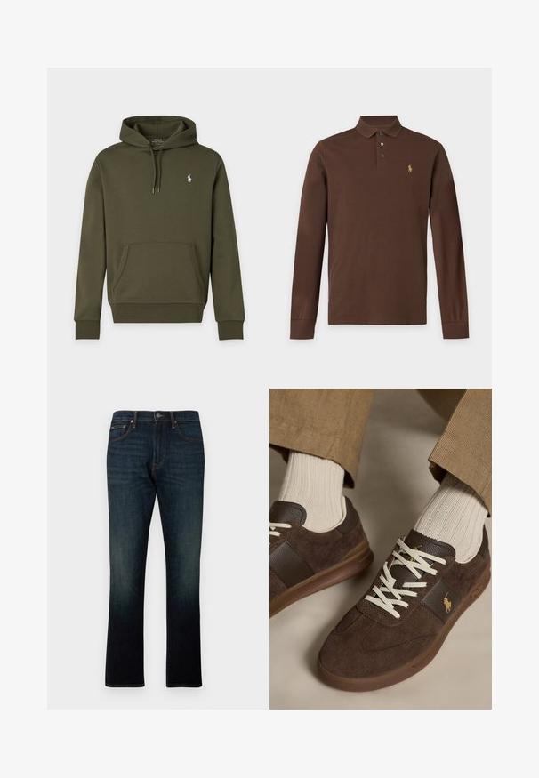 Dunkelgrüner Kapuzenpullover mit Fronttasche und kleinem weißen Polo Ralph Lauren Logo auf der linken Brust.; Braunes langärmliges Poloshirt mit drei Knöpfen und kleinem gelbem gesticktem Logo auf der linken Brust, vor schlichtem Hintergrund dargestellt.; Dunkelblaue Straight-Leg-Denim-Jeans mit fünf Taschen und orangener Naht, flach auf weißem Hintergrund dargestellt.; Braune Veloursleder-Sneaker mit weißen Schnürsenkeln, getragen mit beigen gerippten Socken und hellbraunen Hosen.