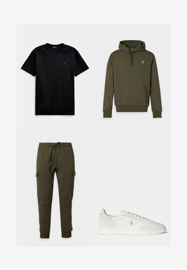 Dunkelgrüner Kapuzenpullover mit Fronttasche und kleinem weißen Polo Ralph Lauren Logo auf der linken Brust.; Schwarzes Baumwoll-T-Shirt mit kurzen Ärmeln, Rundhalsausschnitt und kleinem roten gestickten Logo auf der linken Brust. Glatte Textur, lässiges Design.; Dunkelgrüne Cargo-Jogginghosen mit Kordelzugbund, seitlichen Klappentaschen, gerippten Bündchen an den Knöcheln und Nahtdetails an den Knien auf einfarbigem Hintergrund.; Weißer Sneaker in niedriger Ausführung mit Schnürdesign, goldenem Polo Ralph Lauren Logo an der Seite und strukturierter Sohle auf einfarbigem Hintergrund.