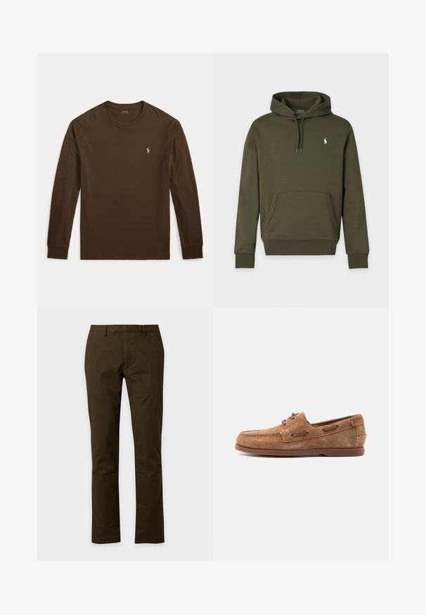 Tume roheline kapuutsiga dressipluus esitasku ja väikese valge Polo Ralph Laureni logoga vasakul rinnal.; Pruun pikkade varrukatega T-särk, valmistatud puuvillast. Omab ümara kaelusega lõiget ja väikest kuldset logo vasakul rinnal. Sile pind.; Tumedat pruunid meeste kitsad püksid vööaasade ja esikinnisega ühevärvilisel heledal taustal.; Pruun seemisnahast mokassiin nahast paeladetailide, õmmeldud varbaosaga ja lameda kummist tallaga, nähtud küljelt hele taust.