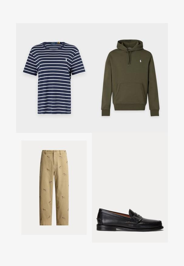 Sweat à capuche vert foncé avec poche avant et petit logo blanc Polo Ralph Lauren sur la poitrine gauche.; T-shirt en coton bleu marine avec des rayures horizontales blanches, manches courtes, col rond, et un petit logo brodé sur la poitrine.; Pantalon en velours côtelé beige avec motifs brodés de chiens, coupe droite, cinq poches et fermeture à bouton devant.; Mocassin en cuir noir avec un petit talon et une bride penny, vu de côté sur un fond gris clair.