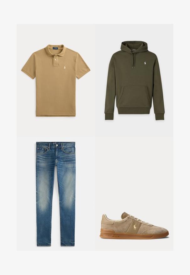 Tume roheline kapuutsiga dressipluus esitasku ja väikese valge Polo Ralph Laureni logoga vasakul rinnal.; Beež lühikeste varrukatega polosärk krae, kahe-nupulise nööbiliistu ja vasakul rinnal väikese valge tikitud logoga.; Sinised tuhm koosseisuga kitsad teksad, nööbi ja tõmbluku kinnitusega, esikülje taskud ja väike münditasku, esitage valgel taustal lahtiselt.; Beež color veluurist ja nahast madala säärega toss kummikõrrega, valgete paelte ja Polo logoga küljel ning tallal.
