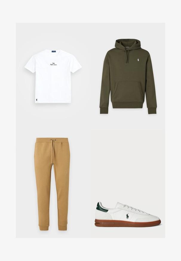 Tmavozelená mikina s kapucňou, predným vreckom a malým bielym logom Polo Ralph Lauren na ľavej strane hrude.; Biely bavlnený tričko s kruhovým výstrihom, krátkymi rukávmi, čierne vyšívané logo "Polo Ralph Lauren" na hrudníku a malé čierne logo na leme.; Béžové zúžené teplákové nohavice s elastickým pásom a sťahovacou šnúrkou, s manžetami na členkoch, zobrazené na bielom pozadí.; Biele kožené tenisky s zeleným akcentom na päte, textúrovaná semišová časť, gumová podrážka a vyšívané logo na boku. Obsahuje šnurovací dizajn.