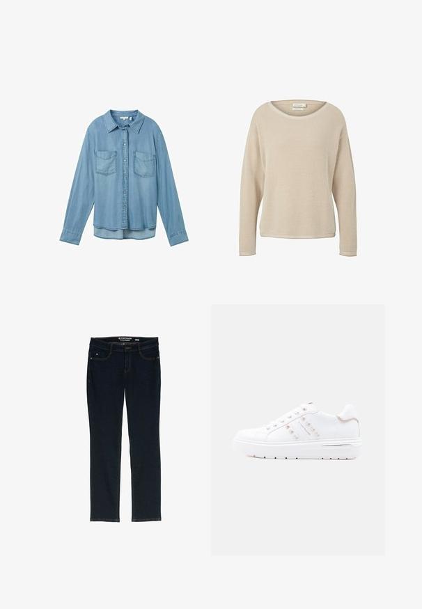 Beige strikket sweater lavet af økologisk bomuld. Har en løs pasform, rund halsudskæring og et struktureret mønster overalt. Lange ærmer.; Lysblå denimskjorte med lange ærmer, knaplukning og to forlommer. Har en klassisk krave og en let buet kant.; Mørkeblå lige ben jeans lavet af denim. Har fem lommer, kontrastfarvet orange syning og en linning med mærkets navn.; Hvide sneakers med en glat læderoverdel, der har metaløjer, nitteaccenter og en tyk hvid sål med logodetalje.
