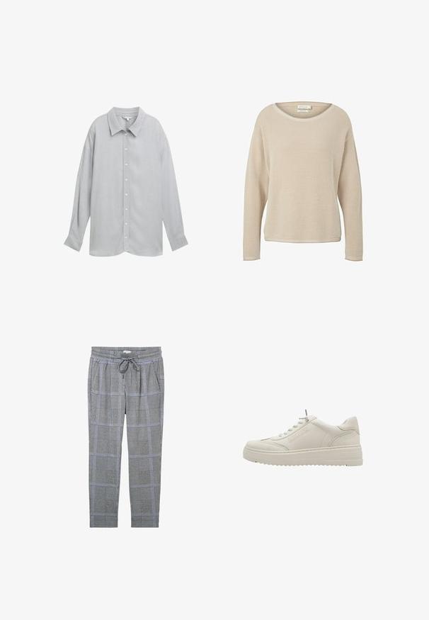 Beige strikket sweater lavet af økologisk bomuld. Har en løs pasform, rund halsudskæring og et struktureret mønster overalt. Lange ærmer.; Grå langærmet skjorte med knaplukning og krave, lavet af letvægtsstof og med en subtil tekstur samt hvide knapper.; Grå plaid bukser med snøre i livet, lavet af et tekstureret stof og med sidelommer. Mønstret inkluderer små og store tern.; Hvid lædersneaker med tyk sål, rund tå, snørelukning foran og diskret logodetalje på siden, med en tekstureret finish.