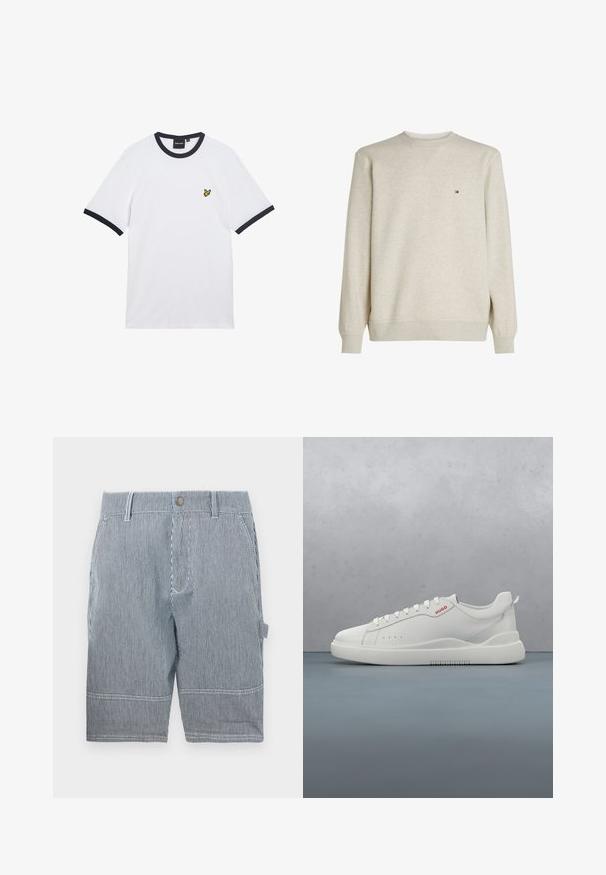 Sweatshirt beige clair en mélange de coton, doté d'un col rond, de manches longues, de poignets côtelés et d'un petit logo sur la poitrine.; T-shirt en coton blanc avec col et bordures des manches côtelés bleu marine. Présente un petit logo jaune brodé sur la poitrine.; Shorts rayés bleu marine et blanc, dotés d'un passants de ceinture, d'une fermeture à bouton, de deux poches latérales et d'une coupe droite se terminant juste au-dessus du genou.; Sneaker blanche avec une finition en cuir lisse, bout rond, quatre œillets, perforations subtiles et un détail de logo rouge sur le côté.