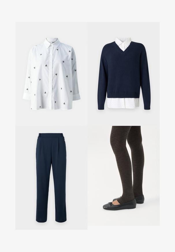 Suéter de punto suave en azul marino con escote en V, superpuesto a una camisa blanca con pequeños lunares esparcidos y un cuello clásico.; ONLY ONLNEW LINA GRACE LS EMB SHIRT NOOS WVN - Blusa - bright white/black; Pantalones azul marino con diseño de pierna recta, cintura alta, pliegues y una textura suave y lisa. Sin herrajes visibles ni patrones.; Piernas con leggings oscuros acanalados combinados con bailarinas negras que presentan pequeños detalles de lazo sobre un fondo blanco.