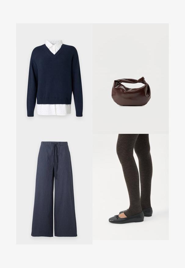 Pull en V bleu marine en tricot doux, superposé à une chemise blanche à petits pois dispersés et à col classique.; Pantalons à jambes larges en bleu marine avec des rayures verticales blanches. Fabriqués dans un tissu léger, avec une taille à cordon et une texture lisse.; Jambes portant des leggings côtelés foncés associés à des ballerines noires avec de petits détails en nœud sur fond blanc.; Sac bandoulière en cuir marron foncé avec une forme souple et décontractée et une anse nouée torsadée sur un fond blanc uni.