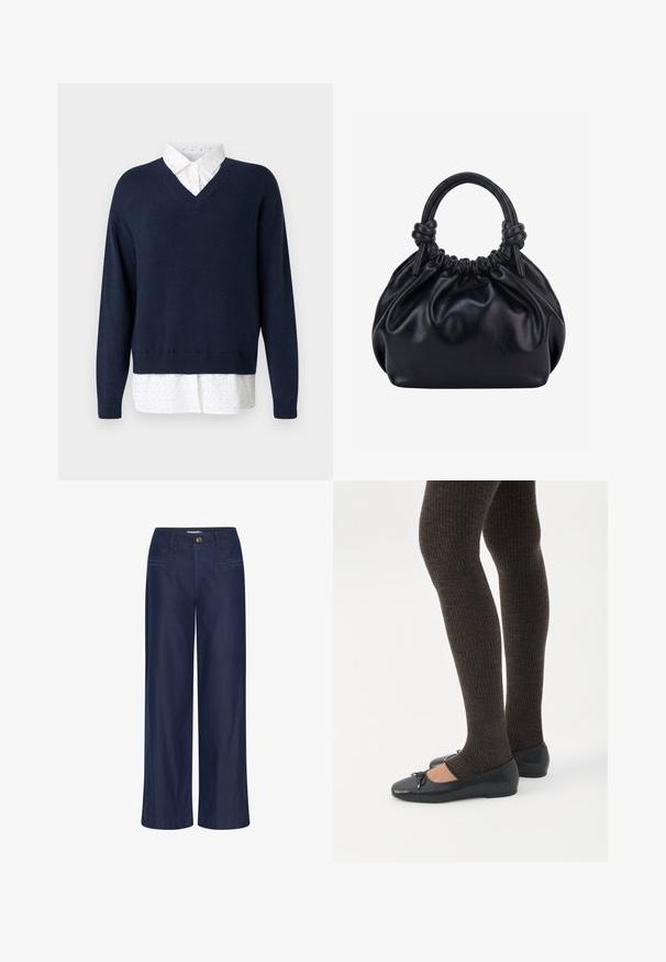 Suéter de punto suave en azul marino con escote en V, superpuesto a una camisa blanca con pequeños lunares esparcidos y un cuello clásico.; ICHI IHFlared - Vaqueros a campana - dark blue; Piernas con leggings oscuros acanalados combinados con bailarinas negras que presentan pequeños detalles de lazo sobre un fondo blanco.; Bolso de mano de cuero negro suave con parte superior fruncida y dos asas gruesas atadas en nudos sobre un fondo claro y liso.