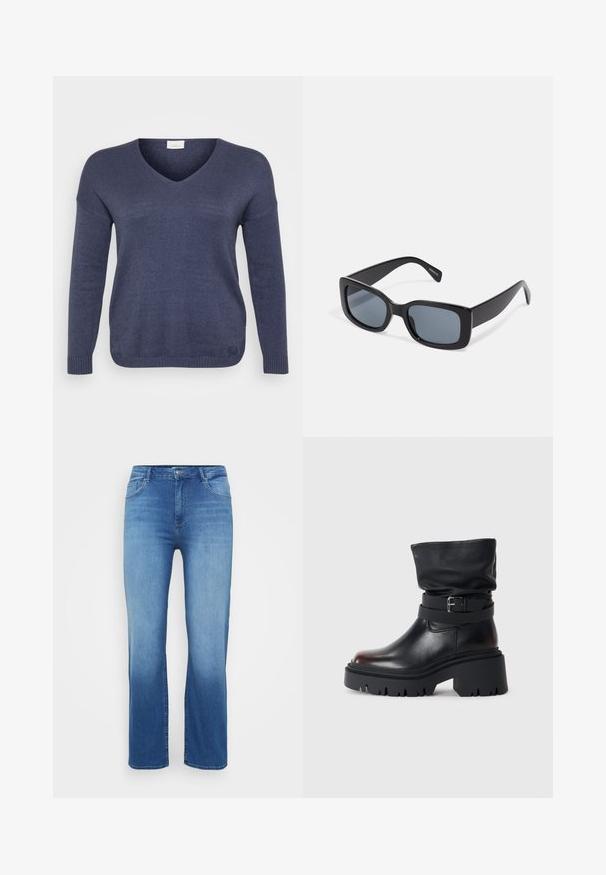 Marineblå strikketrøje med V-hals, lange ærmer og ribbede manchetter. Materialet virker blødt med en fin tekstur. Ingen synlige mønstre.; Lysblå denimjeans med lige snit, fem-lomme design og en slidt effekt ved kanten. Knaplukning i taljen.; Sort læderankelstøvle med en slouchy overdel, spænde detaljer og en tyk, robust sål. Har rund tå og glat tekstur.; Sorte rektangulære solbriller med mørkt tonede linser, tyk plastramme og brede stænger. Glat overflade og kantet design.