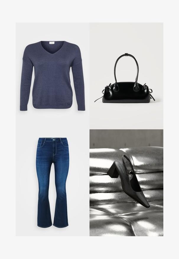 Marineblauer Strickpullover mit V-Ausschnitt, langen Ärmeln und gerippten Bündchen. Das Material wirkt weich mit feiner Textur. Keine sichtbaren Muster.; Dunkelblaue ausgestellte Jeans aus Denim, mit Fünf-Taschen-Design, Reißverschluss mit Knopf und kontrastierenden Nähten entlang der Säume.; Schwarzer Slingback-Absatz mit spitz zulaufender Spitze, der eine strukturierte Oberfläche und einen massiven Blockabsatz aufweist. Auf einem glänzenden, metallischen Hintergrund platziert.; Kleine schwarze glänzende Handtasche mit zwei langen Griffen und seitlichen Kordelzug-Details vor einfachem hellem Hintergrund.