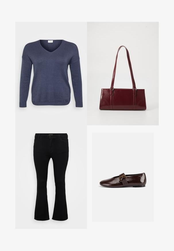 Pull en tricot bleu marine avec un col en V, des manches longues et des poignets côtelés. Le tissu semble doux avec une texture fine. Aucune motif visible.; Jean évasé noir en denim, doté d'une fermeture à bouton, de cinq poches et d'une texture lisse. Design classique avec un ourlet évasé.; Chaussure plate en cuir verni marron foncé avec une large bride à boucle dorée et un bout arrondi, présentée de profil sur fond blanc.; Sac à main bordeaux en matériau brillant, de forme rectangulaire, avec deux anses et des accents légèrement courbés à l'avant.