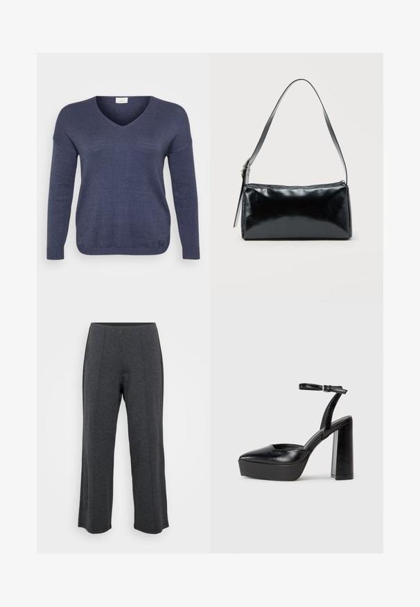 Pull en tricot bleu marine avec un col en V, des manches longues et des poignets côtelés. Le tissu semble doux avec une texture fine. Aucune motif visible.; Pantalons larges gris foncé fabriqués à partir d'un tissu doux et extensible. Comprend une ceinture lisse et un devant plat avec des plis subtils pour un détail supplémentaire.; Escarpins noirs à plateforme avec un bout pointu et une sangle réglable à la cheville. Conçus en cuir lisse, avec un large talon bloc.; Sac d'épaule rectangulaire noir avec une sangle réglable unique et une fermeture éclair supérieure sur un fond uni.