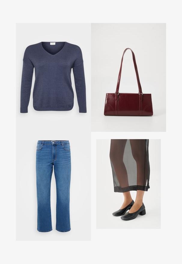 Marineblå strikketrøje med V-hals, lange ærmer og ribbede manchetter. Materialet virker blødt med en fin tekstur. Ingen synlige mønstre.; Blå denimjeans med lige ben, der har en knaplukning, klassisk fem-lomme design og en subtil falmet tekstur på lårene.; Sorte sko med blokhæle og glat læderfinish, båret med et gennemsigtigt sort skørt med en ren kant og minimalistisk design.; Bordeaux håndtaske lavet af glansfuldt materiale, rektangulær form, med to skulderremme og subtile buede detaljer på forsiden.
