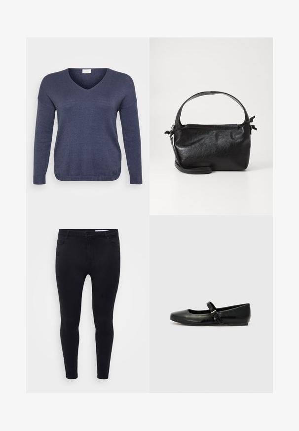 Marineblå strikketrøje med V-hals, lange ærmer og ribbede manchetter. Materialet virker blødt med en fin tekstur. Ingen synlige mønstre.; Sorte slim-fit jeans lavet af strækbart denim, med en frontlukkedrag og bælteløkker, samt fem lommer med en glat overflade.; Sorte læder balletflade med rund tå, flad sål og en tynd justerbar rem over svangen med en metalspænde.; Sort læderhåndtaske med et struktureret design, rund tophåndtag og aftagelig skulderrem. Den har en glat tekstur og en subtil glans.