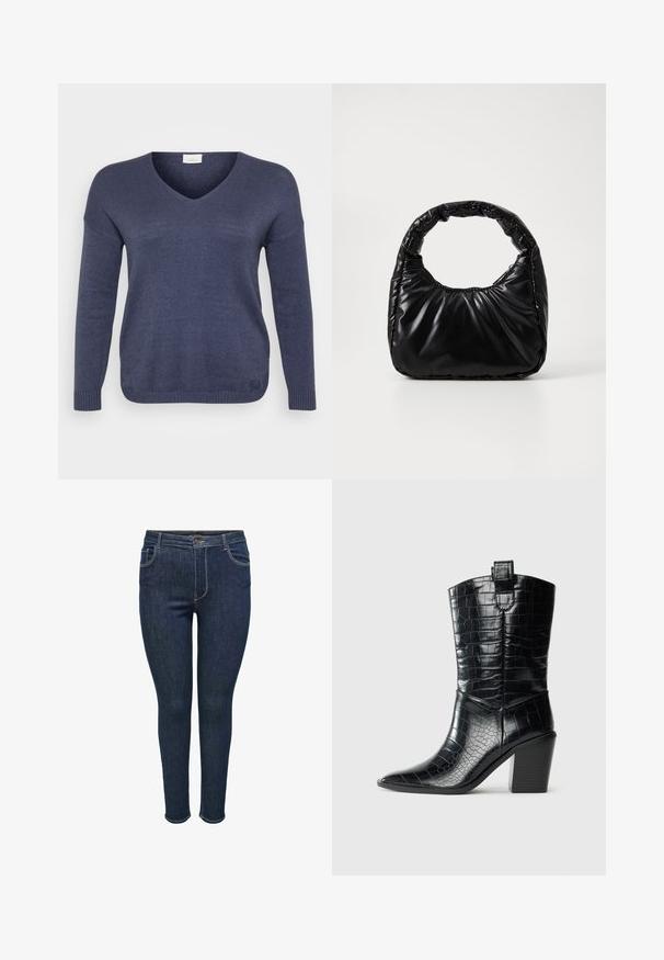 Marineblå strikketrøje med V-hals, lange ærmer og ribbede manchetter. Materialet virker blødt med en fin tekstur. Ingen synlige mønstre.; Mørkeblå denim skinny jeans med fem-lomme design, der har en knaplukning og sømadresser på sømmene. Glat tekstur, tætsiddende stil.; Sort westernstøvle til midten af lægen med spids tå, blokhæle og blank lædertekstur med krokodillepræg mod hvid baggrund.; Sort polstret håndtaske med et rundt håndtag, der har en glat, skinnende overflade og en blød, kviltet tekstur. Ingen synlige hardware eller accenter.