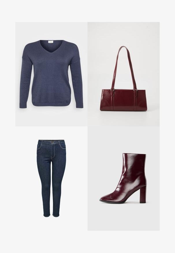 Marineblauer Strickpullover mit V-Ausschnitt, langen Ärmeln und gerippten Bündchen. Das Material wirkt weich mit feiner Textur. Keine sichtbaren Muster.; Dunkelblaue, enge Jeans aus Denim mit fünf Taschen, ausgestattet mit einem Knopfverschluss undNahtakzenten an den Säumen. Glatte Textur, figurbetontes Design.; Schimmernder dunkelburgunderfarbener Lederstiefel bis zur Mitte der Wade mit spitzemZehenbereich und blockiertem hohen Absatz auf neutralem Hintergrund.; Burgunderfarbene Handtasche aus glänzendem Material, rechteckige Form, mit zwei Schulterriemen und subtilen, geschwungenen Akzenten an der Vorderseite.