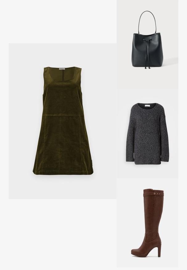 Pull en maille gris foncé avec un large col, des manches longues et une coupe décontractée. Texture douce avec un léger motif chiné.; Robe en velours côtelé de couleur vert olive foncé, présentant un décolleté en scoop, un design sans manches et une coupe évasée avec des détails de coutures visibles.; Anna Field Bottes à talons hauts - cognac; Sac bourse en cuir noir avec une seule bandoulière et une fermeture à cordon sur le devant, sur un fond blanc uni.