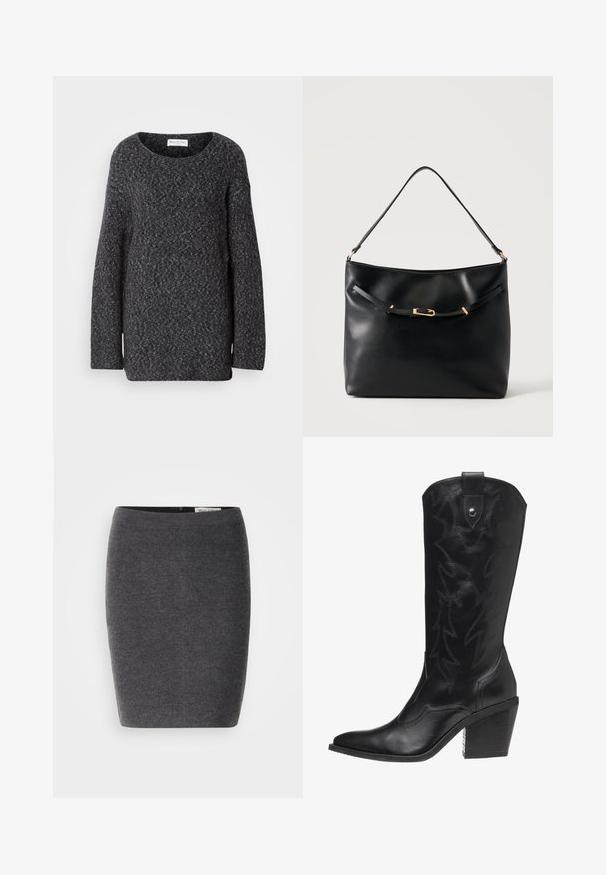 Pull en maille gris foncé avec un large col, des manches longues et une coupe décontractée. Texture douce avec un léger motif chiné.; Jupe crayon en laine grise avec une texture lisse et un design ajusté, dotée d'une taille discrète et sans décorations visibles.; Bottine de cowboy en cuir noir avec un bout pointu, un talon haut et des coutures décoratives en motif d'éclairs le long de la tige.; Sac à épaule en cuir noir avec une bandoulière unique et un petit détail de boucle dorée à l'avant, sur un fond clair uni.