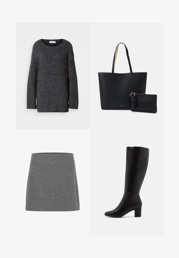 Pull en maille gris foncé avec un large col, des manches longues et une coupe décontractée. Texture douce avec un léger motif chiné.; Mini-jupe en laine grise avec une coupe droite et une taille simple, présentée sur fond blanc.; Anna Field by Zalando Bottes - black; Sac fourre-tout noir avec un matériau texturé, deux longues anses et une pochette zippée amovible avec un détail de pompon. Logo de la marque en orvisible.