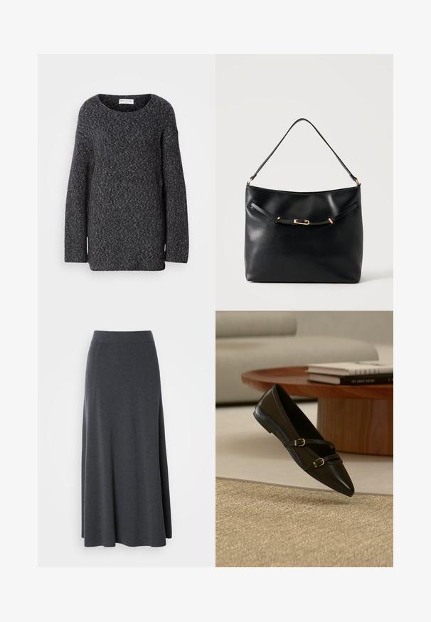 Suéter de punto gris oscuro con un escote amplio, mangas largas y un corte relajado. Textura suave con un sutil patrón jaspeado en toda la prenda.; Larga falda maxi de color gris oscuro, hecha de tela suave y elástica. Presenta una cintura alta y un diseño fluido, con costuras laterales sutiles para darle forma.; Zapato plano negro con puntera puntiaguda y dos delgadas correas con hebillas flotando sobre una alfombra beige, con una mesa de café de madera y libros al fondo.; Bolso de hombro de cuero negro con una sola correa y un pequeño detalle de hebilla dorada en la parte delantera sobre un fondo claro y liso.