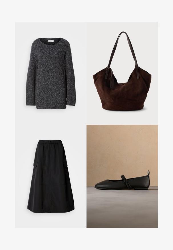Mørkegrå strikket sweater med bred halsudskæring, lange ærmer og en afslappet pasform. Blød tekstur med et subtilt meleret mønster.; Sort nederdel med en løs pasform, lavet af glat stof. Har en elastisk talje og to sidelommer. Midtlængde design.; Sort flad sko med elastisk, rynket rem over toppen, vist over en tekstureret beige tæppe og en lys beige sofa i baggrunden.; Brun ruskind taske med en blød, slouchy form. Har læderhåndtag og et tag-accent. Enkelt tekstur med buede sømme.