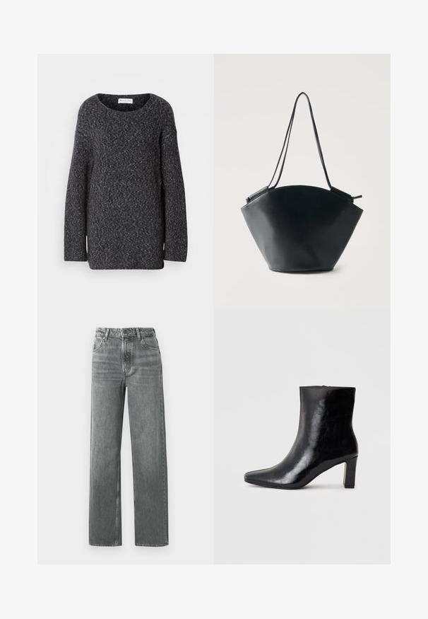 Mørkegrå strikket sweater med bred halsudskæring, lange ærmer og en afslappet pasform. Blød tekstur med et subtilt meleret mønster.; Grå brede jeans lavet af denim, med høj talje, fem lommer og sømdetaljer. Stof har et falmet, tekstureret udseende.; Sorte ankelstøvler lavet af blank læder, med spidse tæer og en mellemstor blokhæl, med en glat tekstur og et enkelt design.; Sort læder bucket taske med bred afrundet bund og smalle dobbelte skulderstropper mod en ensartet lys baggrund.