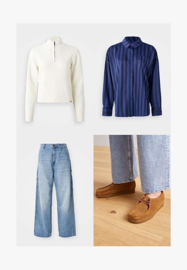 Witte sweater met ritssluiting en lange mouwen. Gemaakt van een zachte gebreide stof, met ribgebreide boorden en een zoom. Subtiele merklogo aan de zoom.; Marineblauw gestreepte shirt met kraag, borstzak en lange mouwen. Gemaakt van een gladde, glanzende stof met een losse pasvorm.; Lichtblauwe wijde jeans met een hoge taille, voorzien van zijzakken en een vervaagde textuur, vervaardigd uit denim materiaal.; Bruine suède schoenen met een ronde neus en een tan rubberen zool, voorzien van een simpel vetersysteem, gecombineerd met lichtblauwe denim broek.