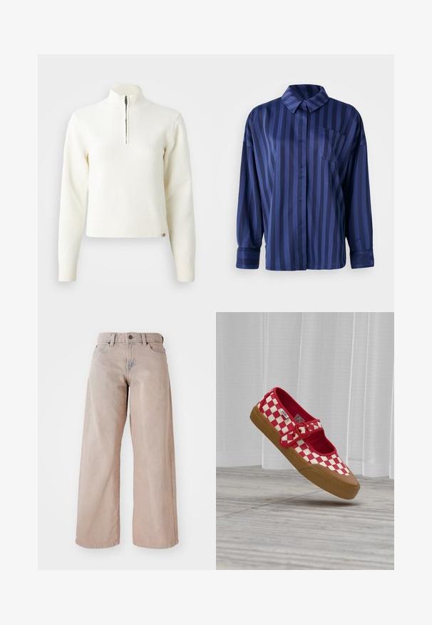 Weißer Sweater mit Reißverschluss am Hals und langen Ärmeln. Aus weichem Strickmaterial gefertigt, mit gerippten Bündchen und Saum. Dezentes Markenlogo am Saum.; Navyblaue gestreifte Bluse mit Kragen, Brusttasche und langen Ärmeln. Hergestellt aus einem glatten, glänzenden Stoff mit lockerer Passform.; Beige weit geschnittene Jeans mit hohem Bund, Fünf-Taschen-Design und Knopfverschluss. Der Stoff hat eine weiche Textur und eine leichte Ausbleichung an der Vorderseite.; Rot-weißer karierten Slip-On-Schuh mit brauner Gummisohle und rotem Schnallenriemen, der über einem Holzboden mit weißen Vorhängen im Hintergrund schwebt.