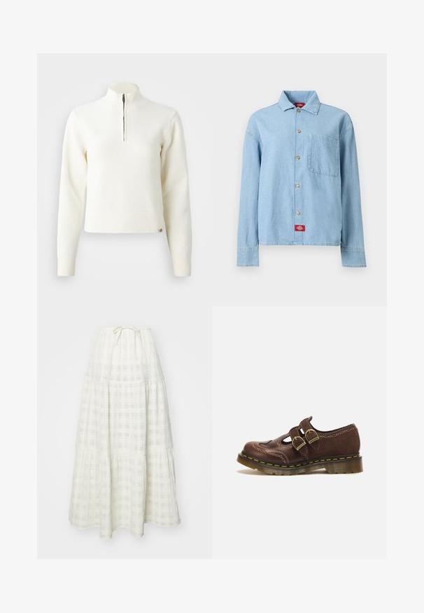 Pull-over blanc à col zippé et manches longues. Fabriqué en matériau tricoté doux, avec des poignets et un ourlet côtelés. Logo de la marque subtil à l'ourlet.; Chemise en denim bleu clair à manches longues, boutons sur le devant, une poche poitrine, et une étiquette logo rouge près de l'ourlet inférieur.; Jupe longue blanche en tissu texturé, avec un motif à carreaux, un design à volants et un lien ajusté à la taille.; Chaussure en cuir marron à bout fermé avec deux boucles, couture décorative et semelle épaisse en caoutchouc translucide avec surpiqûres jaunes.