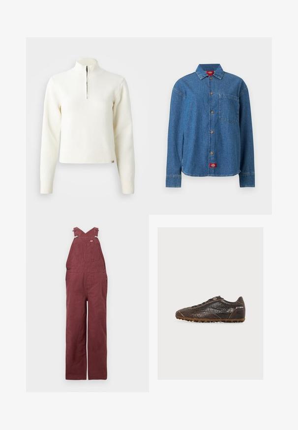 Hvid, sweater med lynlås ved halsen og lange ærmer. Lavet af et blødt strikmateriale, med ribbede manchetter og kant. Diskret mærke-logo ved kanten.; Blå langærmet denimskjorte med knapper foran, en brystlomme på venstre side og et rødt logomærke i bunden af skørtet.; Vinsmænds overalls lavet af bomuld, med krydsede rygstropper, forlommer og metalhardware-accenter. Glat tekstur og afslappet pasform.; Lavprofil mørkebrune lædersneakers med tekstureret overflade, brun gummisål, sorte snørebånd og lille hvid label på hælsiden.