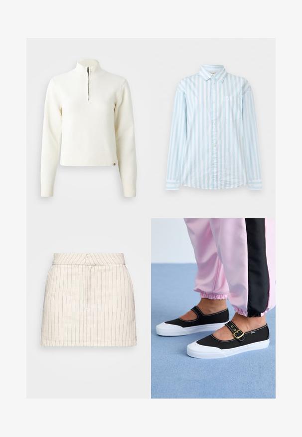 Pull-over blanc à col zippé et manches longues. Fabriqué en matériau tricoté doux, avec des poignets et un ourlet côtelés. Logo de la marque subtil à l'ourlet.; Chemise à manches longues à rayures verticales bleu clair et blanches, avec une poche poitrine et un col classique.; Jupe crème avec de fines rayures verticales rouges, présentant un design ajusté et un ourlet droit. Fabriquée à partir d'un tissu léger.; Baskets noires en toile avec une semelle blanche, présentant un design découpé et une sangle en boucle dorée. Portées avec un pantalon de survêtement rose.